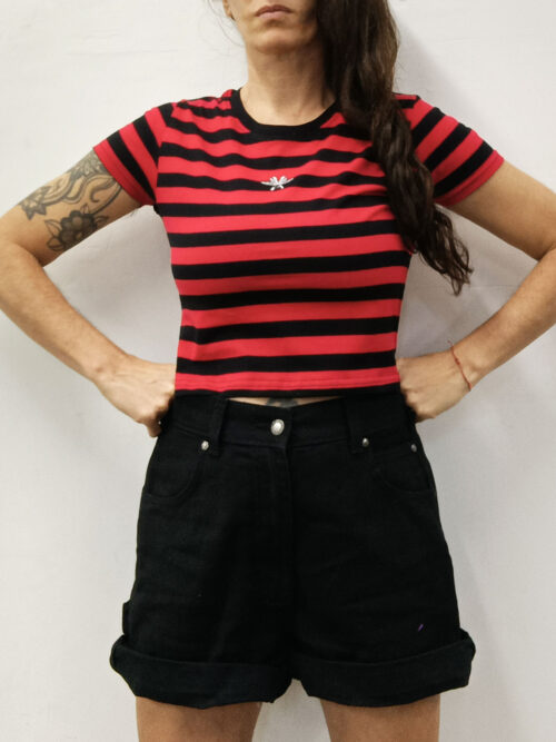 T-Shirt Crop Stripes Red Black